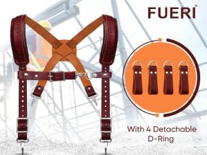 FUERI Nylon Leather Tool Belt Suspender for Men Heavy Duty 26 Pocket Tools Bags Pouches Holder Organizer for Carpenter Construction Electrician Framer (Green & Maroon Tool Belt Set, Medium 30" - 36")