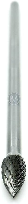 Benchmark Abrasives 6” Pointed Tree Shape Double Cut Tungsten Carbide Die Grinder Bits Metal Deburring Tool Rotary Burr, 1/4 Inch Shaft, Engraving Tool for Woodworking Shaping Carving (SG-3)