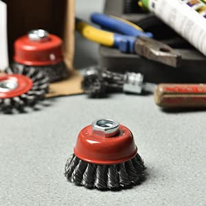 2 Pieces - 3 Inch Twisted Knotted Wheel Cup Brush with 5/8"-11 Threaded Arbor for Angle Grinder, Max RPM 12,500, Heavy-Duty Conditioning for Metal - 0.020in Carbon Steel for Rust Removal, Abrasives