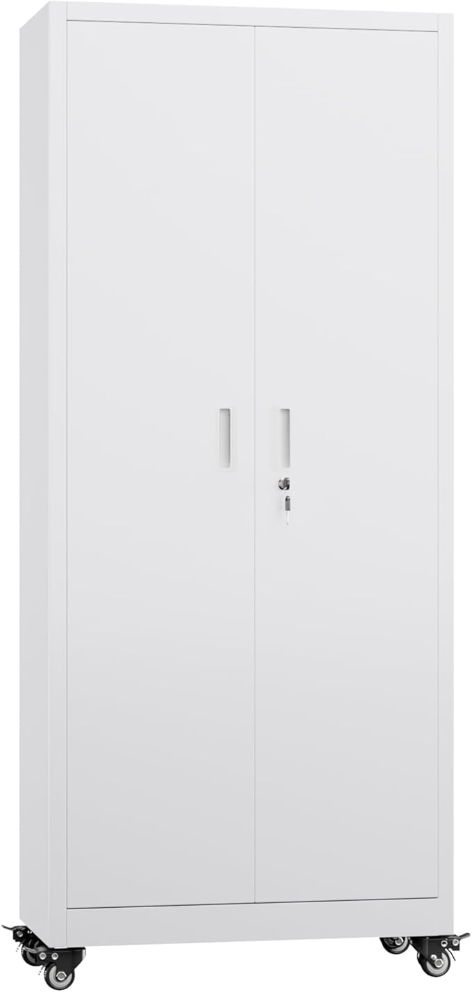 Garage Storage Cabinet with with Pegboard and Wheels,73" Metal Lockable File Cabinet with 2 Doors and 4 Adjustable Shelves,Tool Storage,Home Office Garage,Gym,School (White)
