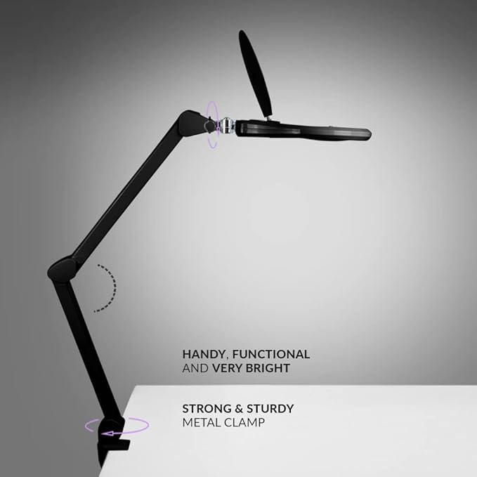 Neatfi LED Magnifying Lamp with Clamp, Dimmable, 6500K Color Temperature, Glare-Free, for Sewing, Painting, Jewelry Making, and Reading (Black, 6 Inch Glass Lens)