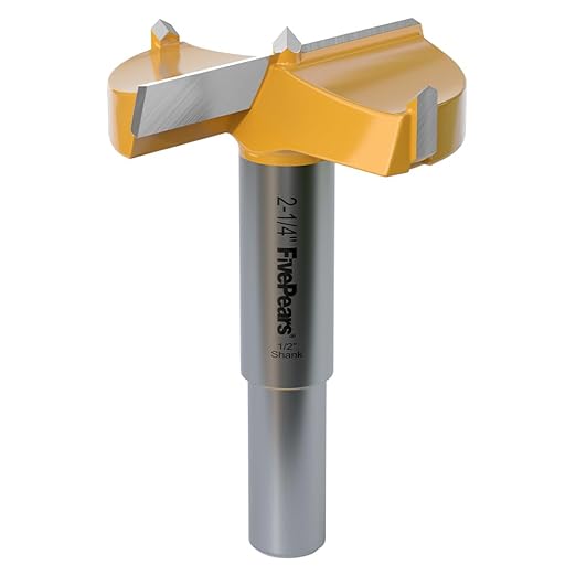 FivePears Forstner Drill Bit 1/2 inch Shank, 2-1/4 inch Cutting Diameter, Carbide Tipped Wood Hole Saw Auger Opener, Hole Opener Hinge Hole Cutter for Woodworking, Plastic, Plywood Products