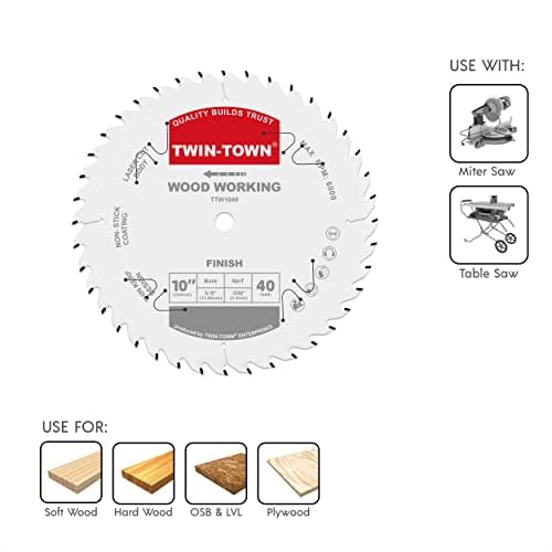 TWIN-TOWN 10-Inch 40-Tooth ATB Fine Finish Wood Cutting Circular Saw Blade, 5/8 Inch Arbor, Compatible with Table and Miter Saws, Premium Quality Woodworking Saw Blade