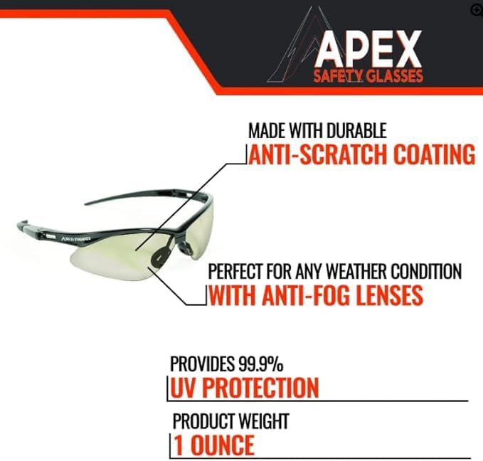 Malta Dynamics APEX Safety Glasses – Construction Safety Glasses for Men and Women with Anti Scratch and Anti Fog Protection, ISEA & ANSI Z87 Compliant (Indoor/Outdoor, 36 Pairs)