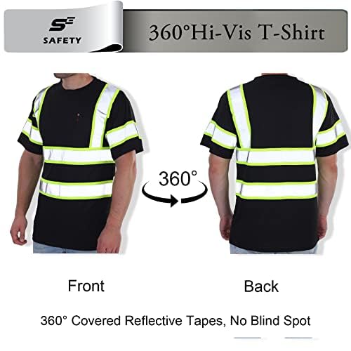 sesafety High Visibility Shirts for Mens Class 3 Hi Vis Reflective Construction Shirts for Men with Pocket Safety T Shirts for Men Work Shirt for Mens Short Sleeve Black Yellow Strips