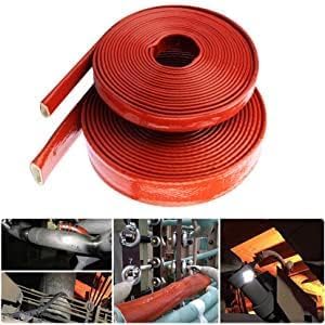 Insulation Heat Shielded Fire Thermo Armor Fire Sleeve Silicone Coated Fiberglass Heat Protection for Automotive Hose Lines & Electrical Wiring（Red 3/8" ID x5FT）
