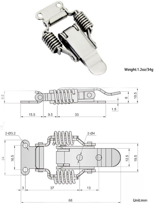 2 Pack Small Stainless Steel Spring Toggle Latch and Hook, Spring Draw Locking Catch Clamp Lacth with Screws for Toolbox Cabinet Boxes, 2-7/10 inch x 1 inch