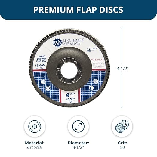 Benchmark Abrasives 4.5" x 7/8" Premium High Density Jumbo Zirconia Type 29 Flap Discs 4 1/2 for Angle Grinder, Sanding Discs, Finishing - Grinding Wheels 4 1/2 Inch (10 Pack) - 80 Grit