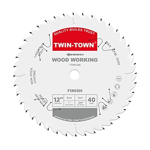TWIN-TOWN 12-Inch 40-Tooth ATB Fine Finish Wood Cutting Circular Saw Blade, 1 Inch Arbor, Compatible with Table and Miter Saws, Premium Quality Woodworking Saw Blade