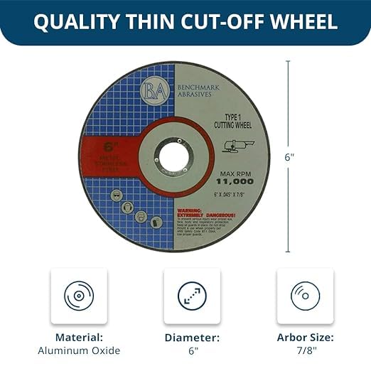 Benchmark Abrasives 6" Aluminum Oxide Type 1 Cutting Wheel for Metal & Stainless Steel - .045" Thick 7/8" Arbor Angle Grinder Disc (250 Pack)