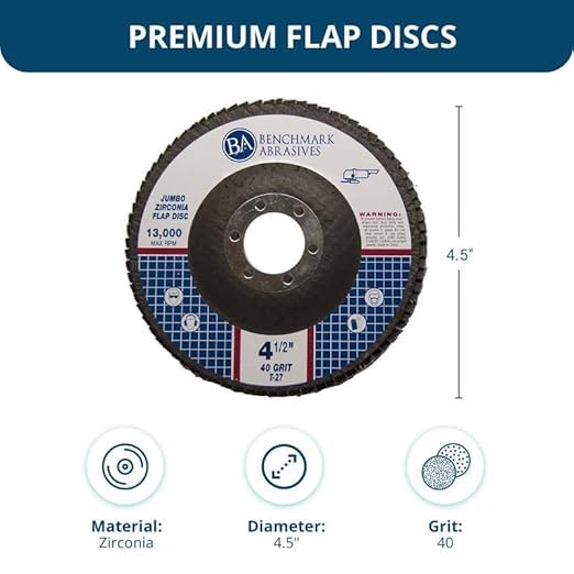 Benchmark Abrasives 4.5" x 7/8" Premium High Density Jumbo Zirconia Type 27 Flap Discs 4 1/2 for Angle Grinder, Sanding Discs, Finishing - Grinding Wheels 4 1/2 inch - (10 Pack) - 40 Grit