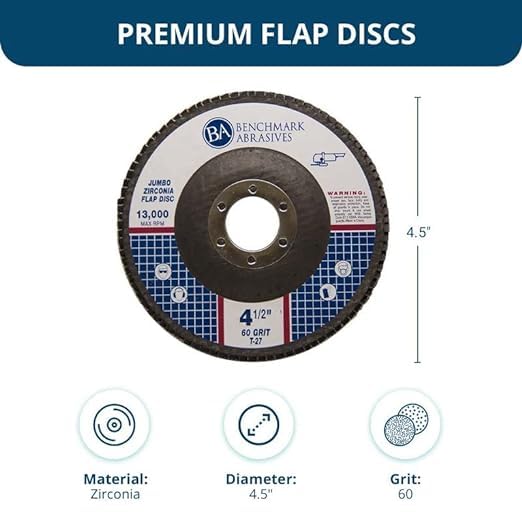 Benchmark Abrasives 4.5" x 7/8" Premium High Density Jumbo Zirconia Type 27 Flap Discs 4 1/2 for Angle Grinder, Sanding Discs, Finishing - Grinding Wheels 4 1/2 inch - (3000 Pack) - 60 Grit