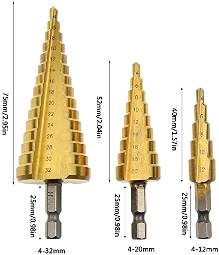3 Pcs Straight Grooved Step Drill Bit Set, High Step Steel Titanium Drill Bits Set Power Tools 4-12/4-20/4-32mm Hex Shank Drive, HSS Cut Tool Set for Metal Wood Steel DIY Plastic