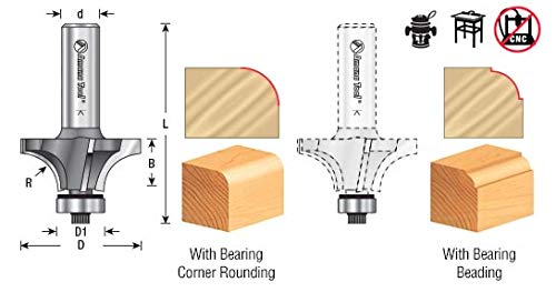 Amana Tool 49548 Carbide Tipped 4 Flute Corner Rounding/Beading 3/8 R x 1-3/8 D x 5/8 CH x 1/4 Inch SHK w/Lower Ball Bearing Router Bit