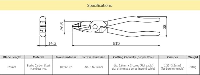 VAMPLIERS 8.5" Shearing Linesman Pliers, Electrician Side Cutting Pliers Screw Extractor Jaws, Crimper, & Shearing Blades. Easily Cut PVC insulated 3-Core Cable, Copper Wire, Soft Metals