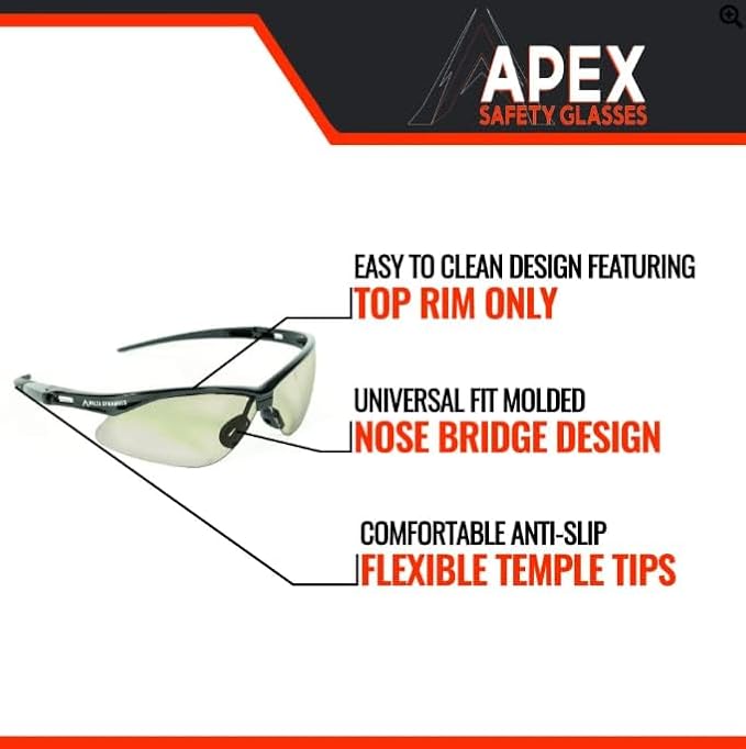 Malta Dynamics APEX Safety Glasses – Construction Safety Glasses for Men and Women with Anti Scratch and Anti Fog Protection, ISEA & ANSI Z87 Compliant (Indoor/Outdoor, 180 Pairs)