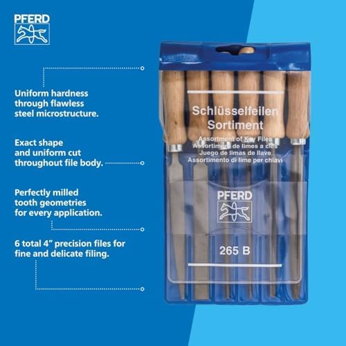 PFERD 4" Key File Set 265 B, 6-Piece – with Wooden Handles & Plastic Pouch – for Fine and Delicate Filing – Part 17012