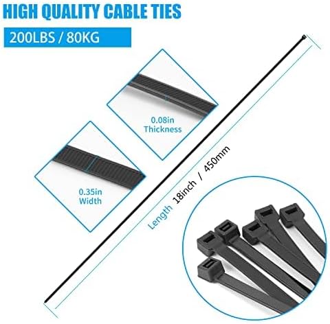 18 inch Black Zip Ties Heavy Duty 250 PACK, 200 LBS Ultra Exclusive Strong Plastic Wire Ties, Large Cable Ties Extra Long Tie Wraps, Indoor and Outdoor UV Resistant