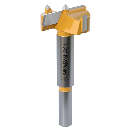 FivePears Forstner Drill Bit 3/8 inch Shank, 1-3/8 inch Cutting Diameter, Carbide Tipped Wood Hole Saw Auger Opener, Hole Opener Hinge Hole Cutter for Woodworking, Plastic, Plywood Products