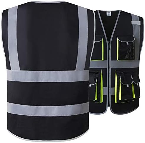 JKSafety 10 Pockets Black Color Safety Vest Zipper Front with High Reflective Strips Meets ANSI/ISEA Standards (88-Black, X-Large)