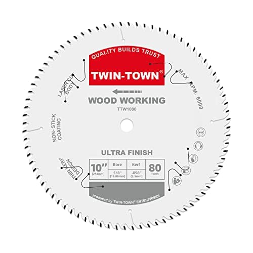 TWIN-TOWN 10-Inch 80-Tooth ATB Fine Finish Wood Cutting Circular Saw Blade, 5/8 Inch Arbor, Compatible with Table and Miter Saws, Premium Quality Woodworking Saw Blade