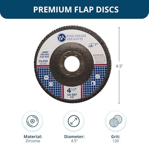 Benchmark Abrasives 4.5" x 7/8" Premium High Density Jumbo Zirconia Type 27 Flap Discs 4 1/2 for Angle Grinder, Sanding Discs, Finishing - Grinding Wheels 4 1/2 inch - (100 Pack) - 120 Grit
