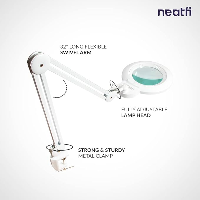 Neatfi XL Bifocals 1,200 Lumens LED Magnifying Lamp with Clamp, 3 Light Modes, Correlated Color Temperature Control (3000K-4500K-6000K), 12W, 120 Pcs SMD LED (White, 6 Inch Lens)