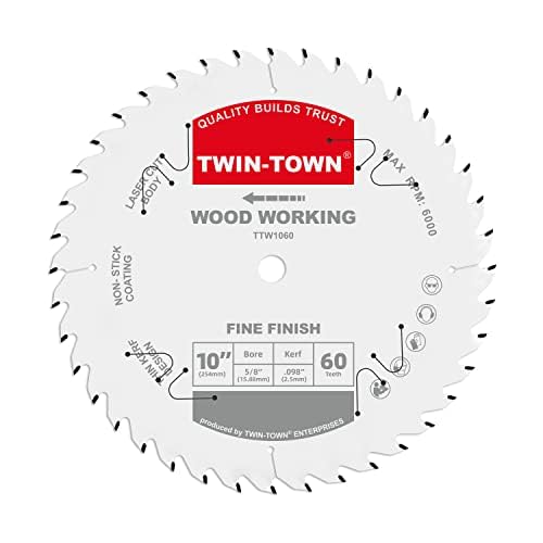 TWIN-TOWN 10-Inch 60-Tooth ATB Fine Finish Wood Cutting Circular Saw Blade, 5/8 Inch Arbor, Compatible with Table and Miter Saws, Premium Quality Woodworking Saw Blade
