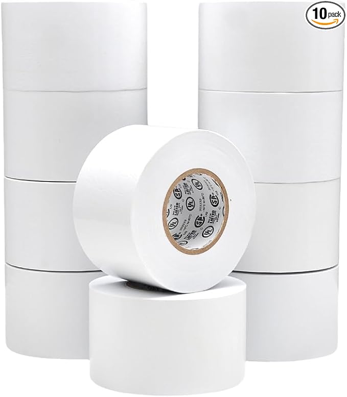 WOD ETC766 Professional Grade General Purpose White Electrical Tape UL/CSA Listed core. Vinyl Rubber Adhesive Electrical Tape: 2 inch X 66 ft. - Use at No More Than 600V & 176F (Pack of 10)
