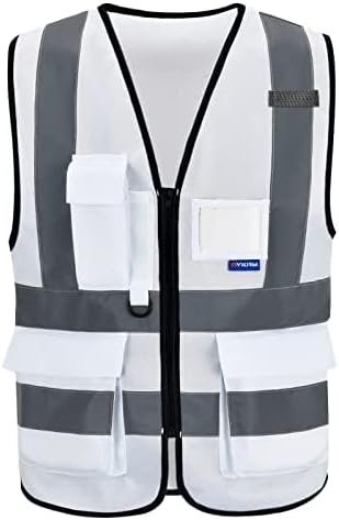 A-SAFETY Hi Reflective Safety Vest,Hi Vis Bright Neon Colors Safety Vest with 4 Reflective Strips 7 Pockets(White S)