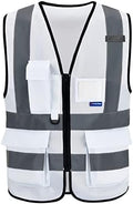 A-SAFETY Hi Reflective Safety Vest,Hi Vis Bright Neon Colors Safety Vest with 4 Reflective Strips 7 Pockets(White L)