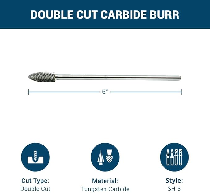 Benchmark Abrasives 6” Flame Shape Double Cut Tungsten Carbide Die Grinder Bits Metal Deburring Tool Rotary Burr, 1/4 Inch Shaft, Engraving Tool for Woodworking Shaping Carving (SH-5)