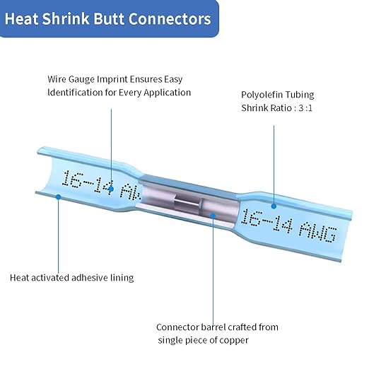 200 Pcs Blue Heat Shrink Butt Connectors, 16-14 AWG Waterproof Electrical Crimp Terminal Splice Wire Connectors for Marine, Automotive, Cable, Wiring