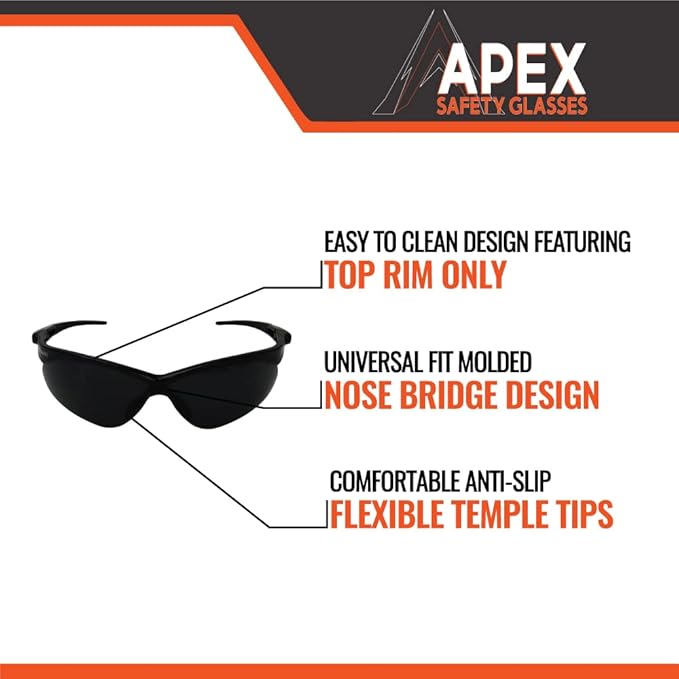 Malta Dynamics APEX Safety Glasses – Construction Safety Glasses for Men and Women with Anti Scratch and Anti Fog Protection, ISEA & ANSI Z87 Compliant (Tinted, 12 Pairs)