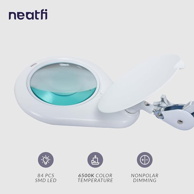 Neatfi Magnifying Lamp, 5 Diopter Glass Lens, 6500K Color Temperature, Eye-Friendly, Task Light for Sewing, Painting, Jewelry Making, and Reading (White, 7-Inch Lens with Clamp)