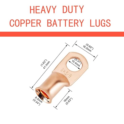 25pcs 2 AWG 3/8" Stud Copper Ring Terminals Battery Cable Ends Wire Lugs 2 Gauge Battery Cable Lugs Heavy Duty Cable Lugs Bare Copper Eyelets Tubular Ring Terminal Connectors