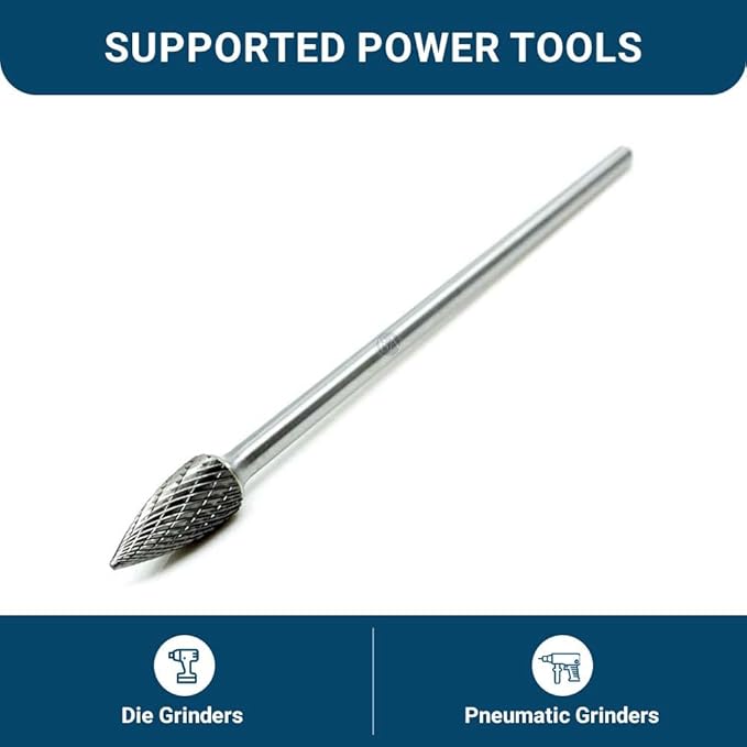Benchmark Abrasives 6” Pointed Tree Shape Double Cut Tungsten Carbide Die Grinder Bits Metal Deburring Tool Rotary Burr, 1/4 Inch Shaft, Engraving Tool for Woodworking Shaping Carving (SG-5)