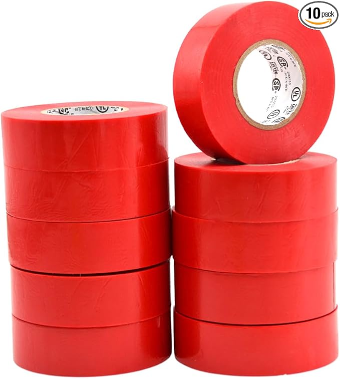 WOD ETC766 Professional Grade General Purpose Red Electrical Tape UL/CSA Listed core. Vinyl Rubber Adhesive Electrical Tape: 1 inch X 66 ft - Use at No More Than 600V & 176F (Pack of 10)
