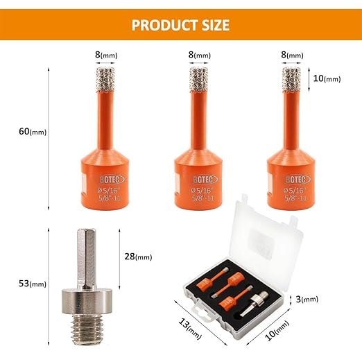 Diamond Core Drill Bit Kit BGTEC Diamond Hole Saw Tile Cutter for Porcelain Tile Ceramic Marble Brick Granite Stone, 5/8"-11 Thread Hole Saw 8/8/8mm+HEX Adapter