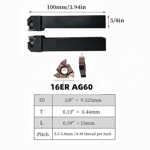 Lather Threading Tool Bit Set External Internal Threading Boring Bars Turning Tool Holders with 11IR AG60 16ER 16IR AG60 Carbide Threading Inserts (2pcs 5/8 Holders + 16ER IR AG60)