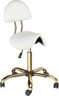 OmySalon Drafting Chair,Ergonomic Saddle Stool with Back Support,Tall Adjustable Rolling Stool with Thick Seat Cushion, Office Computer Chair for Salon Barber Spa Home Bar, White Gold