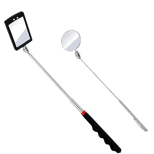 2PCS Telescopic Inspection Mirror, LED Telescopic Inspection Mirror,Portable Round 360 Degree Rotating Inspection Mirror Flashlight and Round/Square Inspection Mirror