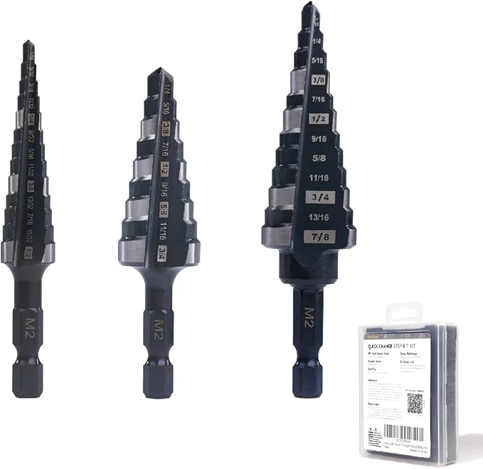 M2 HSS Quick Change 1/2", 3/4" & 7/8" Step Drill Bit Set Double Fluted Drill Bits for Hole Drilling in Stainless Steel, Copper, Aluminum, Wood, Plastic