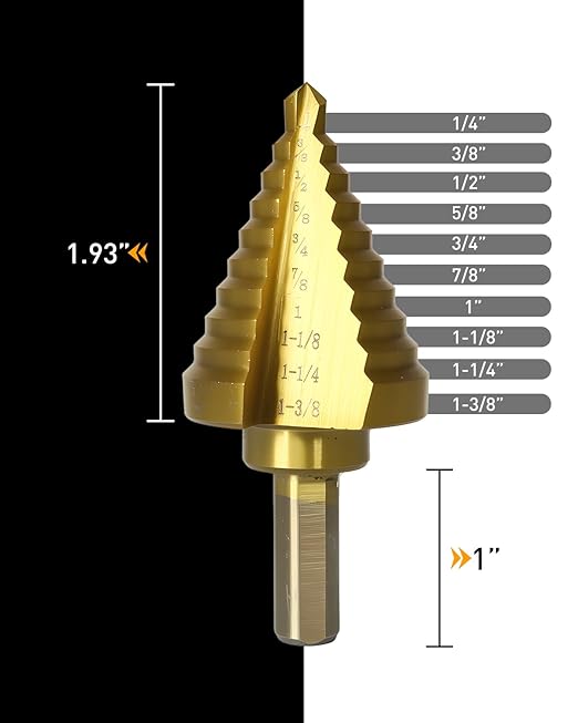 COMOWARE Step Drill Bit for Metal, Titanium Coated, Double Cutting Blades, High Speed Steel, Short Length Drill Bit, Total 10 Sizes from 1/4” to 1-3/8", for Steel Sheets Aluminum Copper Plastic Wood
