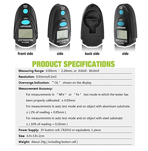 allsun EM2271A Digital Paint Gauge Thickness Meter, Car Mini Coating Paint Tester LCD 2.2mm/80mil Data Hold Black