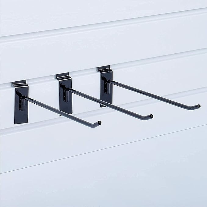 KINGDOM SOLUTIONS – 12-Pack Black Metal Slatwall Hooks (6X 4, 6X 6) – Heavy-Duty Slat Wall Accessories for Garage Organization, Retail Displays & Tool Storage Systems