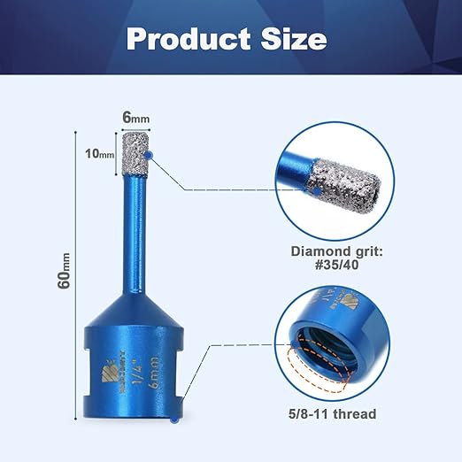 1/4 Inch Diamond Core Drill Bit for Porcelain Tile Ceramic Marble Granite Drilling,BRSCHNITT 2pcs Vacuum Brazed Diamond Hole Saw with 5/8-11 Thread (6mm 2pcs)