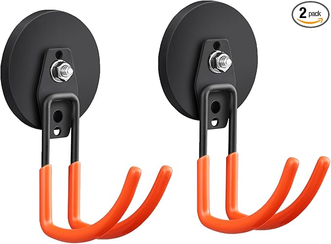 Large Heavy Duty Magnetic Garage Hooks,4 Pack Strong Magnet Hook for Power Drill,Garden Tools,Hose,Pegboard,Garage, Workshop,Magnetic Storage Hooks for Indoor Outdoor Hanging(Orange)