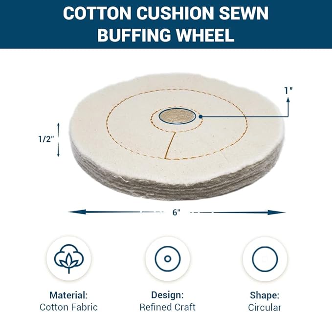 Benchmark Abrasives 6" Cotton Cushion Sewn Buffing Polishing Wheel for Bench Grinder with 1/4" Mandrel, for Polishing Finishing Smoothing on Aluminum, Stainless Steel (Cotton Cushion)