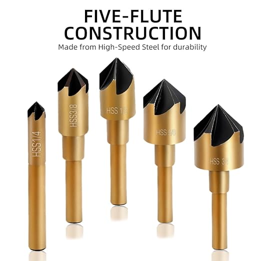 Aleric Countersink Drill Bit Set, High Speed Steel Counter Sinker Drill Bit 5Pcs 5 Flute 6mm Hex Shank with 82 Degree Mill Cutter Bit Countersink Bits for Wood Metal in Size 1/4” 3/8” 1/2” 5/8” 3/4”